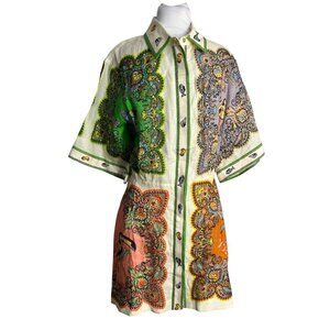 Alemais Womens Size 6 Linen Mini Dress Tropical Mermaid Fish Button Front